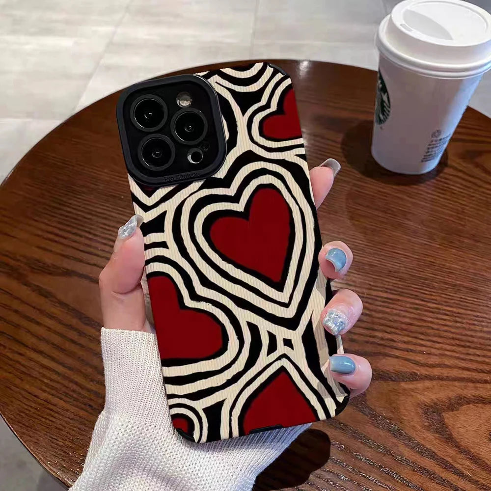 Fashion Romantic Love Hearts Phone Case For iPhone 14 13 15 Pro Max 7 8 Plus SE 11 12 Mini XS X XR Soft Silicone Stripes Cover  Casever