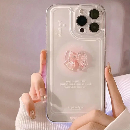 Korean 3D Crystal Bow Clear Phone Case for iPhone 16 15 14 Pro Max 13 12 11 Pro Mini X XR XS Max 7 8 16 Plus SE 2022 Soft Cover  Casever