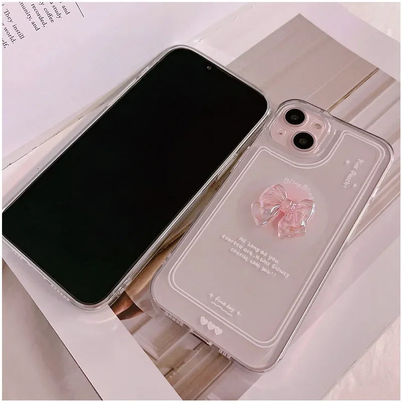 Korean 3D Crystal Bow Clear Phone Case for iPhone 16 15 14 Pro Max 13 12 11 Pro Mini X XR XS Max 7 8 16 Plus SE 2022 Soft Cover  Casever