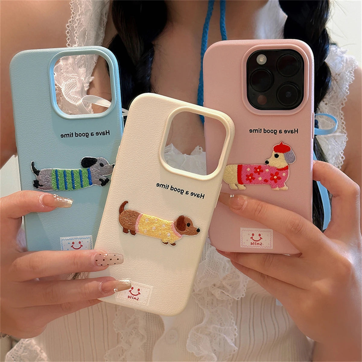 Korean Cute Cartoon Dachshund Litchi Pattern Phone Case For iPhone 15 14 13 12 Pro Max 11 Lovely Shockproof Soft Cover Funda  Casever