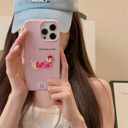 Korean Cute Cartoon Dachshund Litchi Pattern Phone Case For iPhone 15 14 13 12 Pro Max 11 Lovely Shockproof Soft Cover Funda  Casever