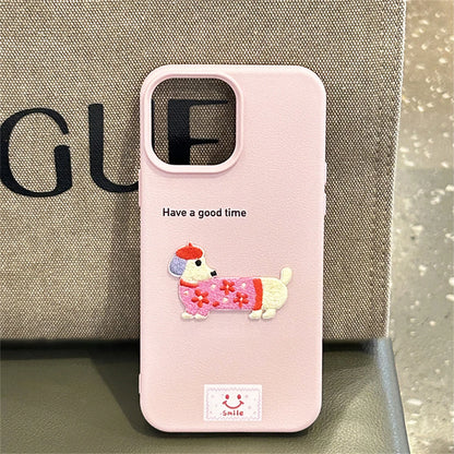 Korean Cute Cartoon Dachshund Litchi Pattern Phone Case For iPhone 15 14 13 12 Pro Max 11 Lovely Shockproof Soft Cover Funda  Casever