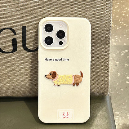 Korean Cute Cartoon Dachshund Litchi Pattern Phone Case For iPhone 15 14 13 12 Pro Max 11 Lovely Shockproof Soft Cover Funda  Casever