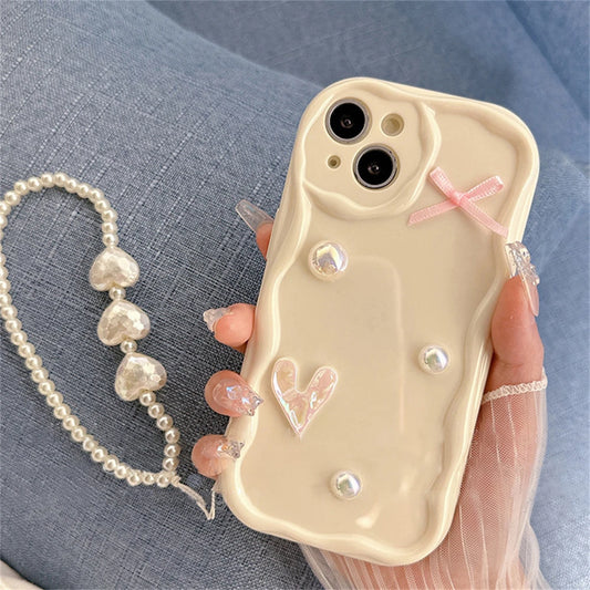 Korean Cute Laser Heart Pink Bow Cream Wave Case For iPhone 15 14 13 12 11 Pro Max Soild Color Silicone Shockproof Soft Cover  Casever