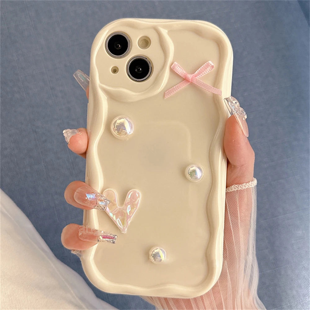 Korean Cute Laser Heart Pink Bow Cream Wave Case For iPhone 15 14 13 12 11 Pro Max Soild Color Silicone Shockproof Soft Cover  Casever