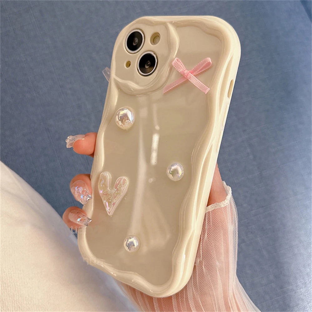 Korean Cute Laser Heart Pink Bow Cream Wave Case For iPhone 15 14 13 12 11 Pro Max Soild Color Silicone Shockproof Soft Cover  Casever