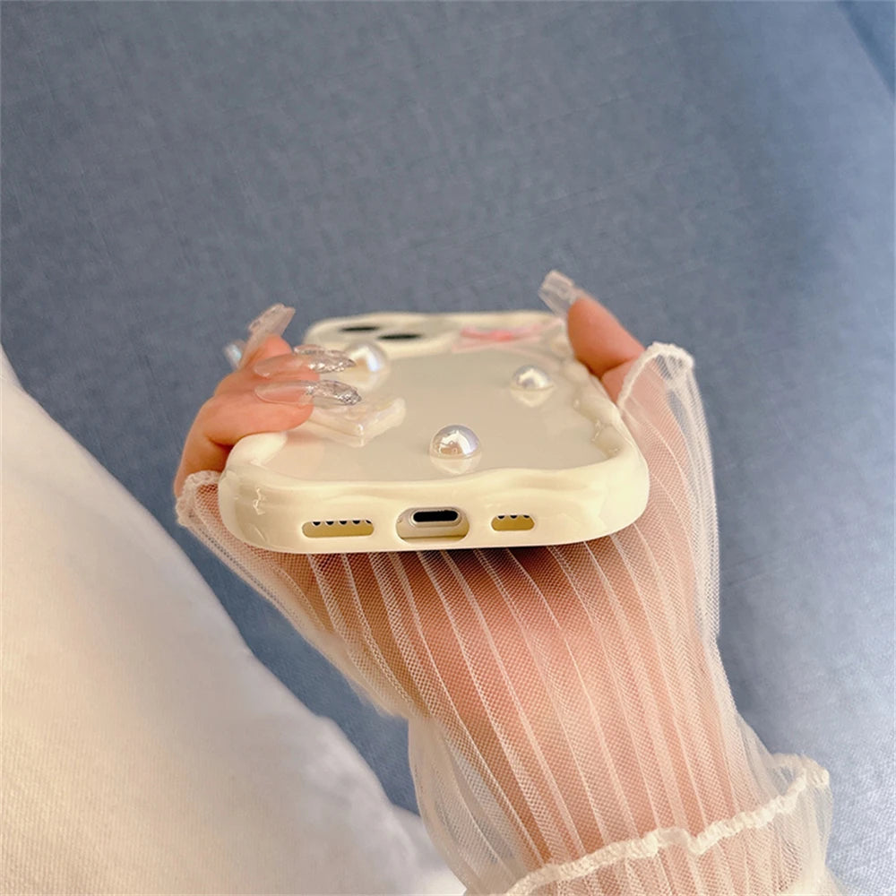 Korean Cute Laser Heart Pink Bow Cream Wave Case For iPhone 15 14 13 12 11 Pro Max Soild Color Silicone Shockproof Soft Cover  Casever