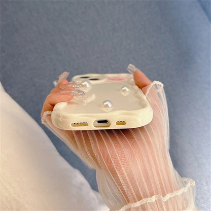 Korean Cute Laser Heart Pink Bow Cream Wave Case For iPhone 15 14 13 12 11 Pro Max Soild Color Silicone Shockproof Soft Cover  Casever