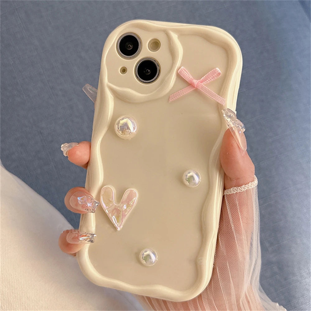Korean Cute Laser Heart Pink Bow Cream Wave Case For iPhone 15 14 13 12 11 Pro Max Soild Color Silicone Shockproof Soft Cover  Casever