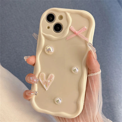 Korean Cute Laser Heart Pink Bow Cream Wave Case For iPhone 15 14 13 12 11 Pro Max Soild Color Silicone Shockproof Soft Cover  Casever