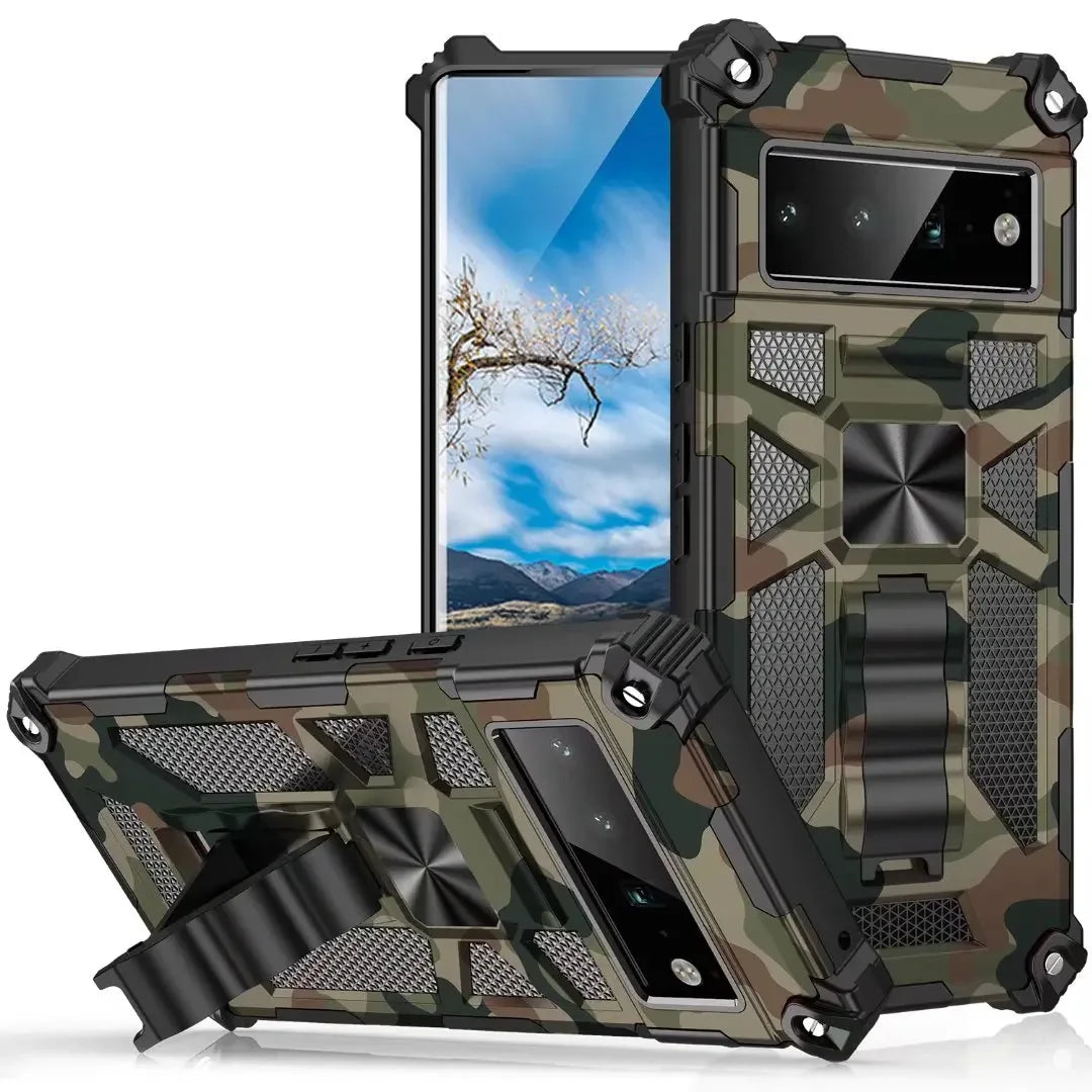 Military Camouflage Rugged Armor Shockproof Phone Case For Google Pixel 6 7 8 Pro 6A 7A Magnet Kickstand TPU Plastic Back Cover  Casever