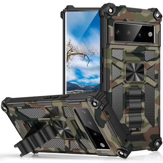 Military Camouflage Rugged Armor Shockproof Phone Case For Google Pixel 6 7 8 Pro 6A 7A Magnet Kickstand TPU Plastic Back Cover  Casever