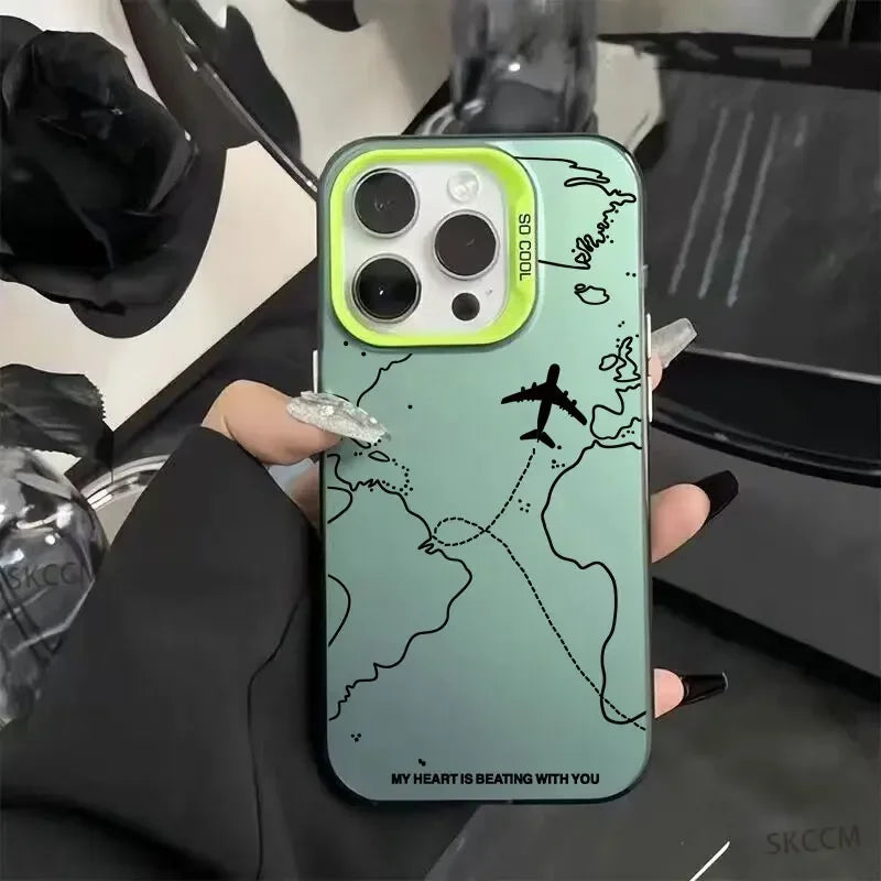 Travel-Inspired Airplane Route Design Plating Case for iPhone 16 15 Pro Max 14 13 12 11 XS X XR 7 8 Plus Matte Hard Back Cover  Casever