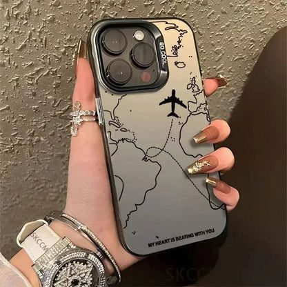 Travel-Inspired Airplane Route Design Plating Case for iPhone 16 15 Pro Max 14 13 12 11 XS X XR 7 8 Plus Matte Hard Back Cover  Casever