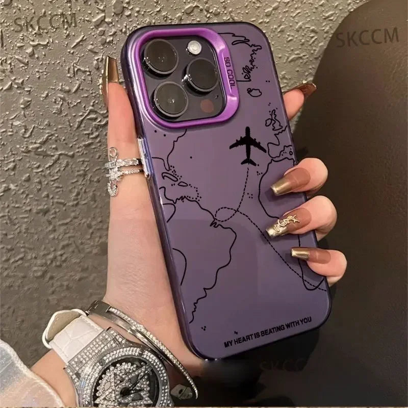 Travel-Inspired Airplane Route Design Plating Case for iPhone 16 15 Pro Max 14 13 12 11 XS X XR 7 8 Plus Matte Hard Back Cover  Casever