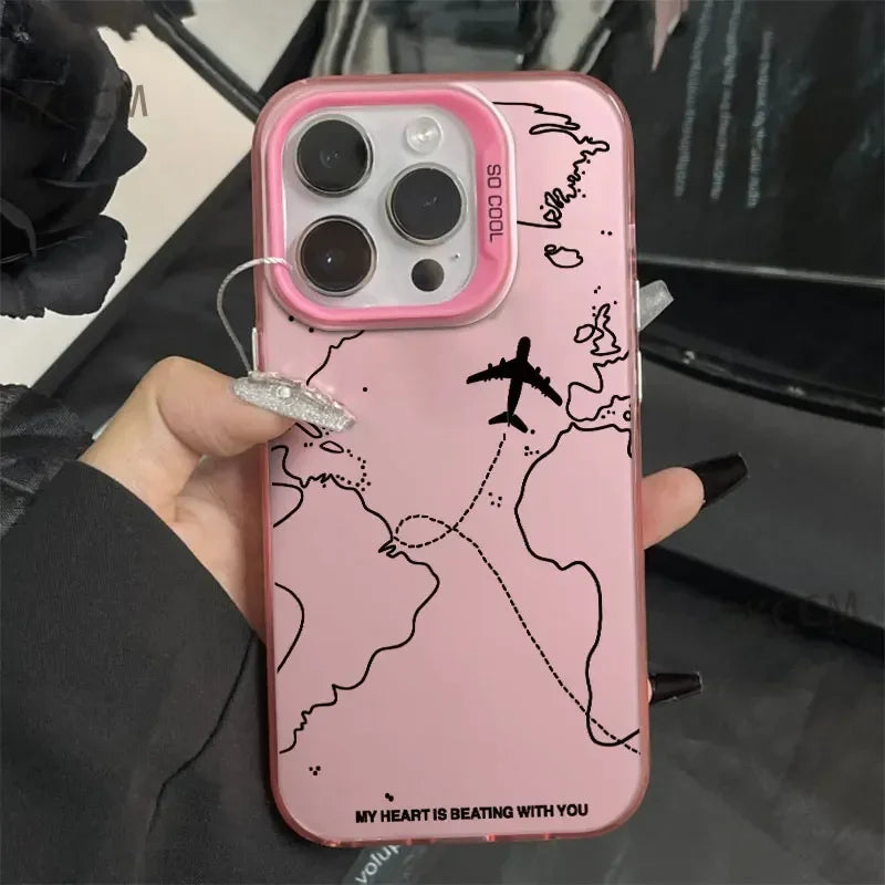 Travel-Inspired Airplane Route Design Plating Case for iPhone 16 15 Pro Max 14 13 12 11 XS X XR 7 8 Plus Matte Hard Back Cover  Casever