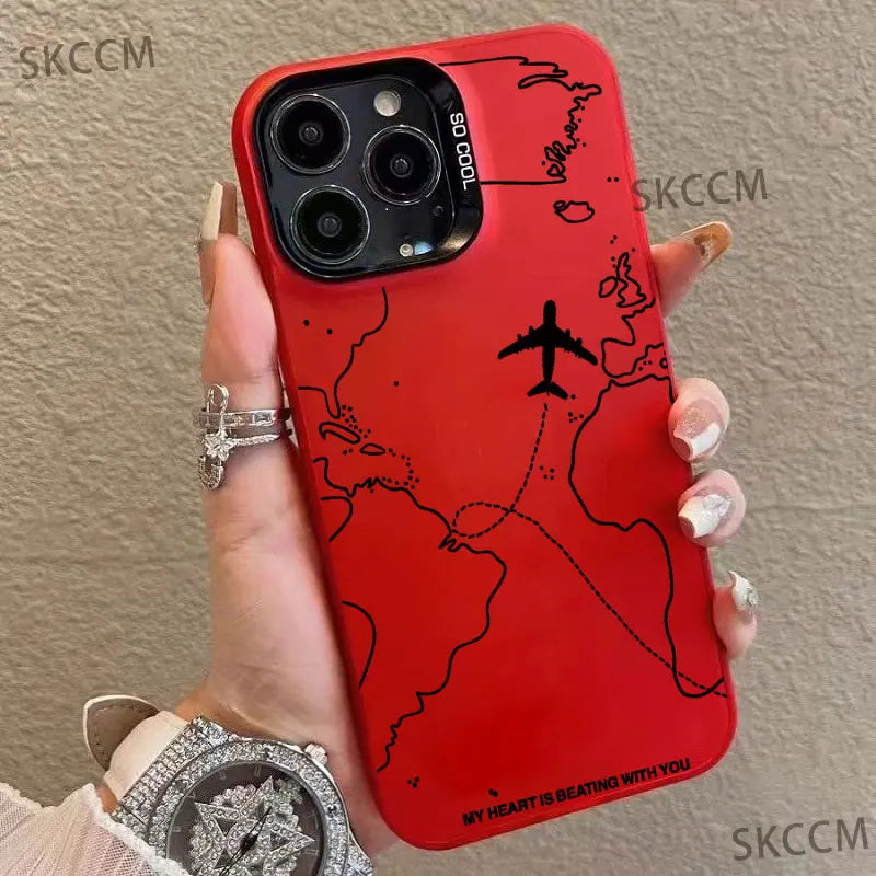 Travel-Inspired Airplane Route Design Plating Case for iPhone 16 15 Pro Max 14 13 12 11 XS X XR 7 8 Plus Matte Hard Back Cover  Casever